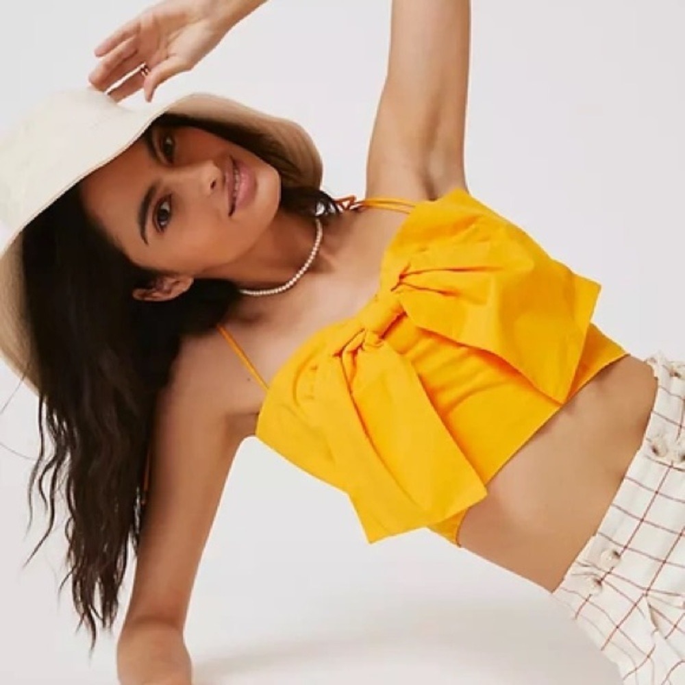 Maeve Anthropologie Women's Bow Tie Crop Top Orange Size S Smocked Boho EUC